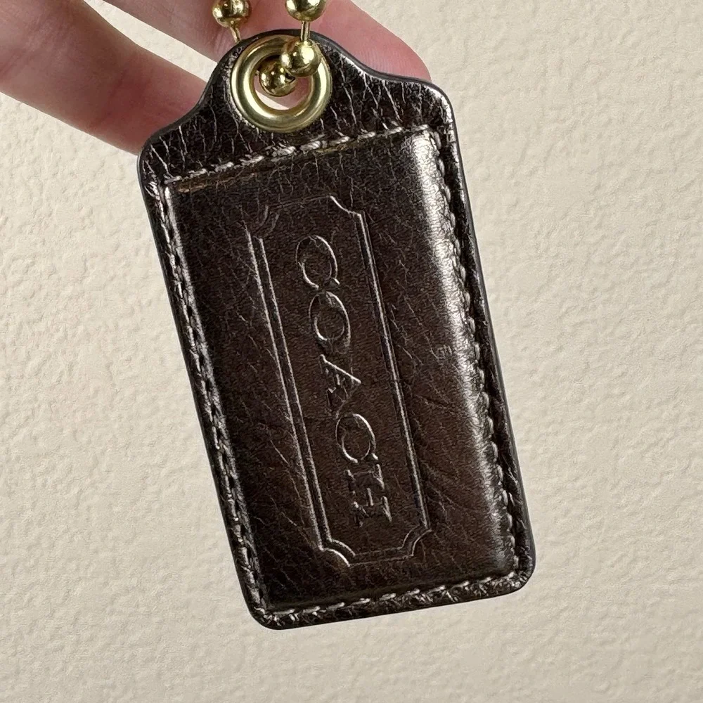 Coach Metallic Bronze Leather Hangtag‎ Keychain Gold Ball Chain Bag Charm